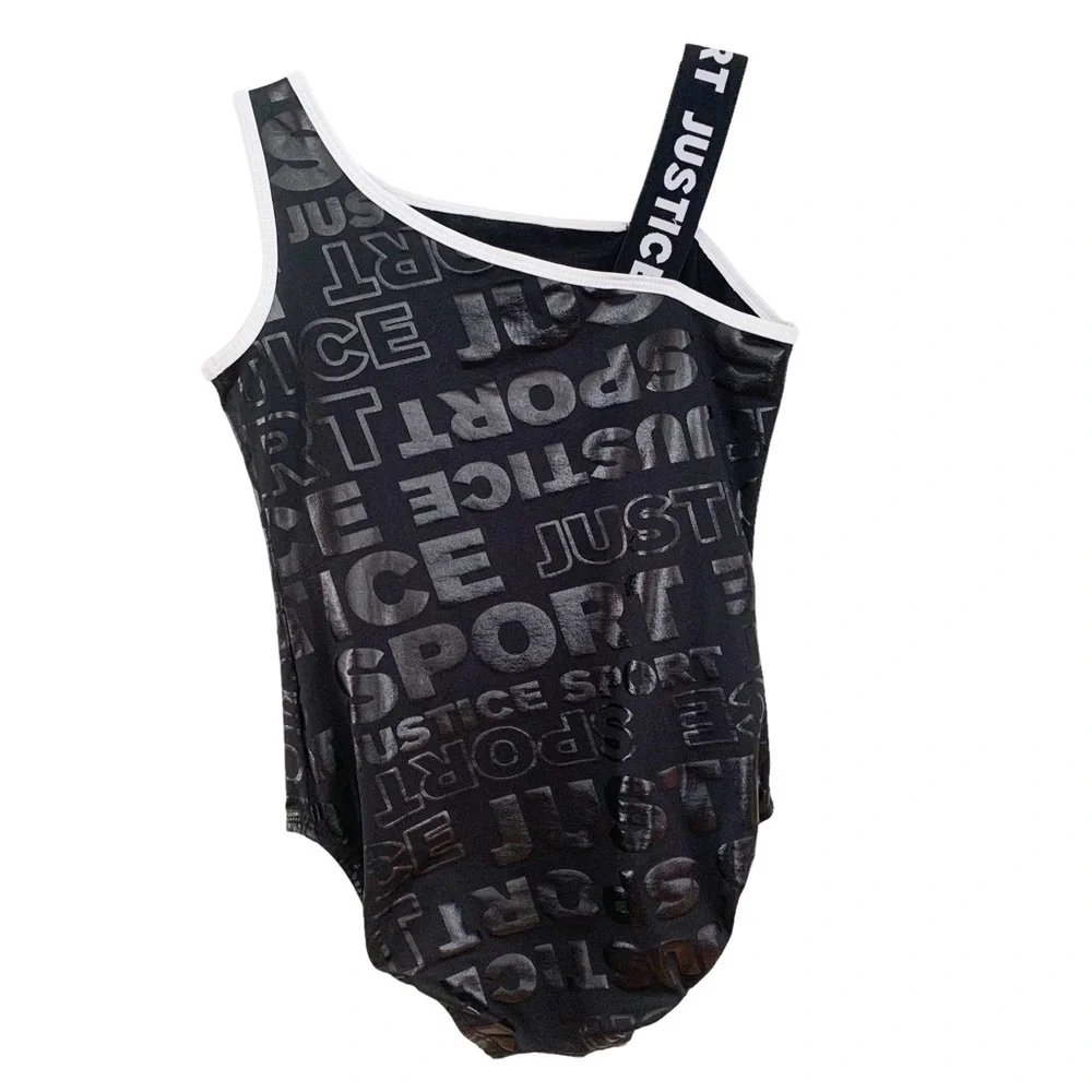 Justice Sport Girls Black White Tonal Text One Shoulder Gym Dance Leotard